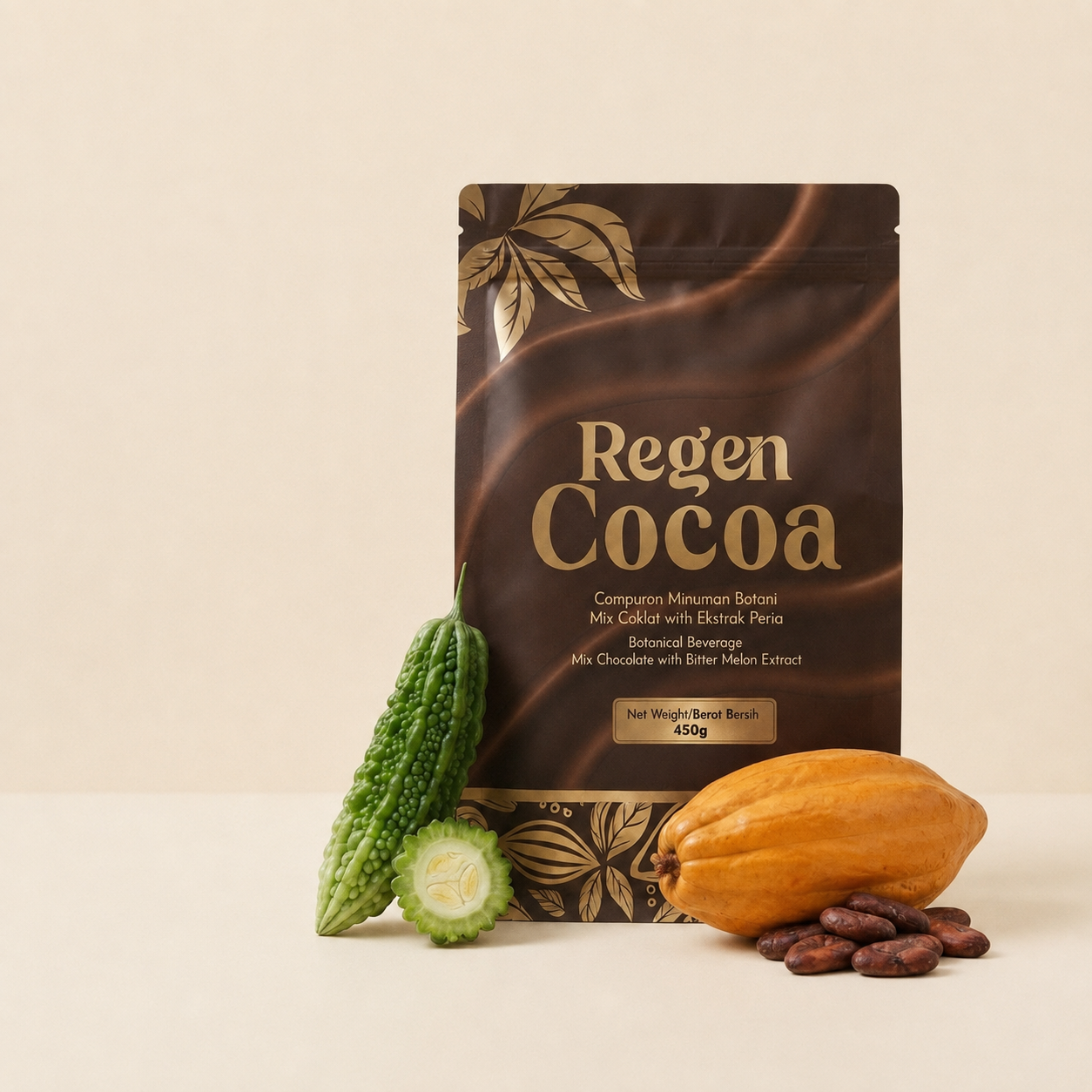 Regen Cocoa pouch with bitter melon and cocoa pod